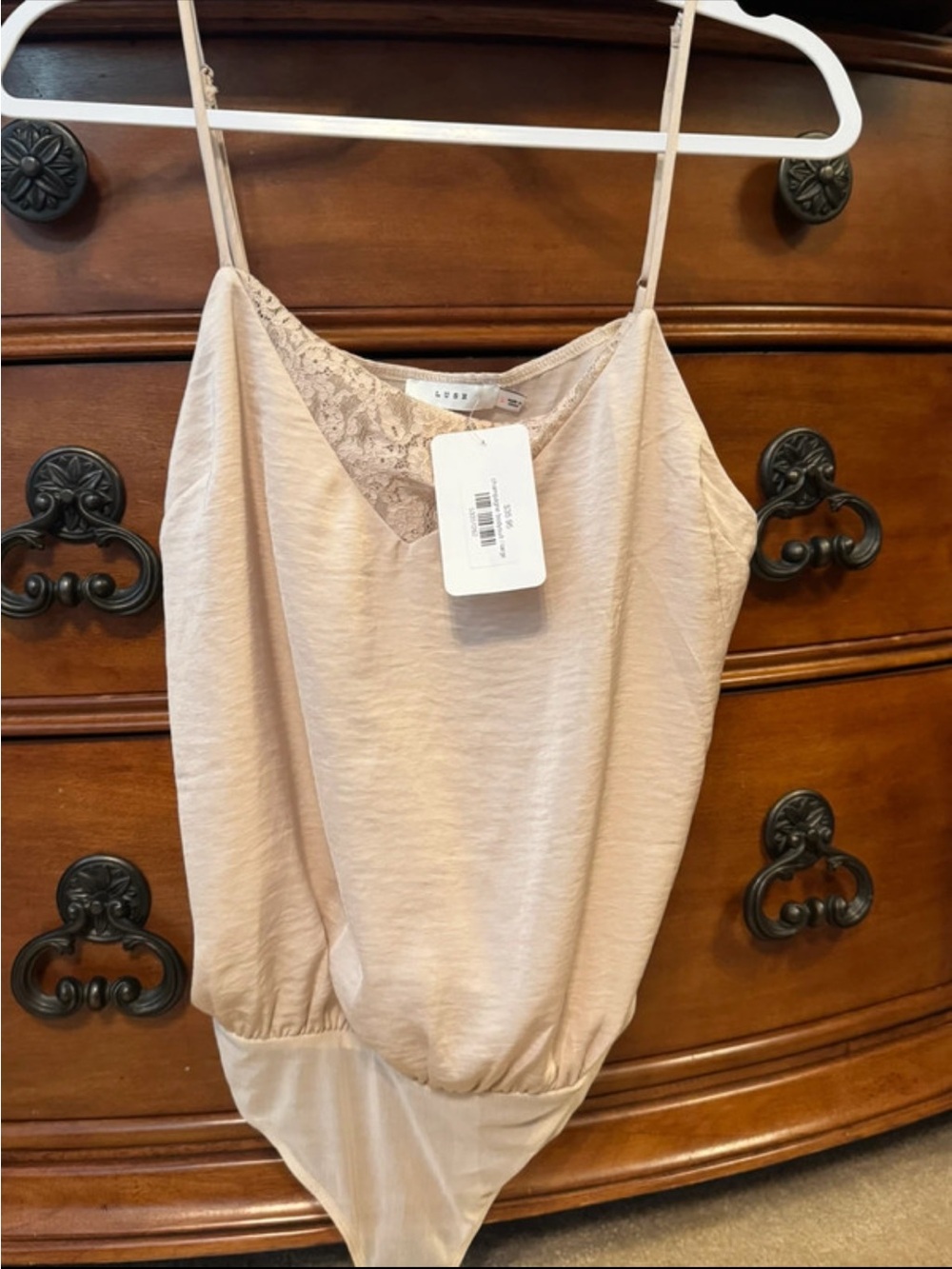 Lush Beige Lace-Trim Bodysuit Tank